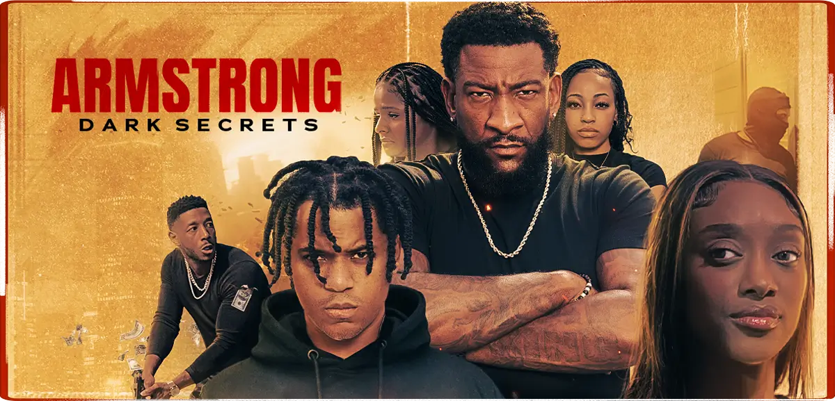 Promotional poster for Armstrong: Dark Secrets featuring the main cast in a gritty city background with the title in bold red and black text.